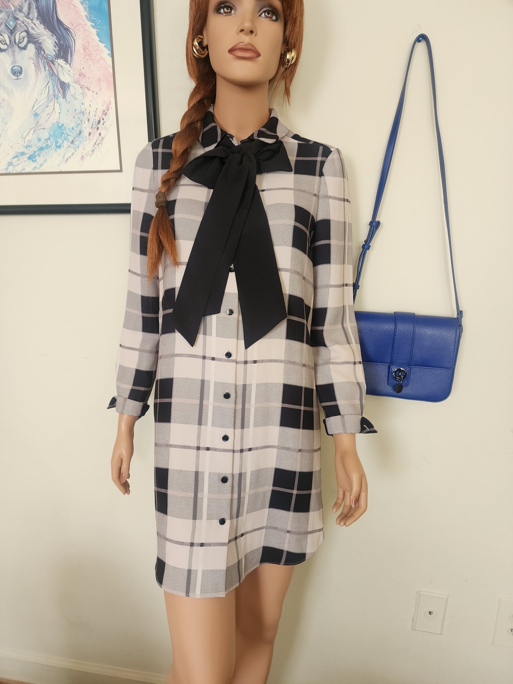 kate spade Black and Cream Plaid Bow-Neck Long Sleeve Shift Dress